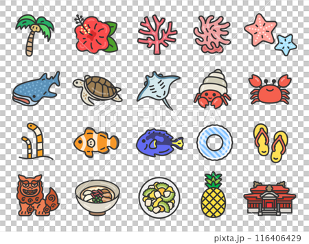 Illustrations of various Okinawa icons (line drawings and color) Illustrations of various Okinawa icons (line drawings and color) 116406429