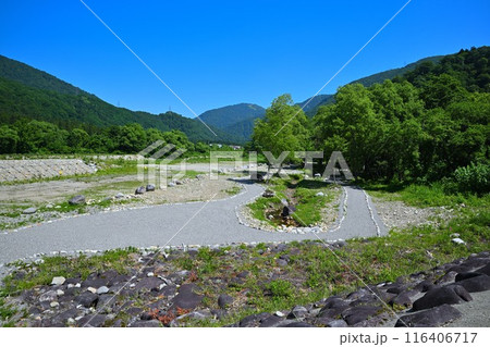 みつまた親水公園　バイカモ群生地　清津川　河原の風景　 116406717