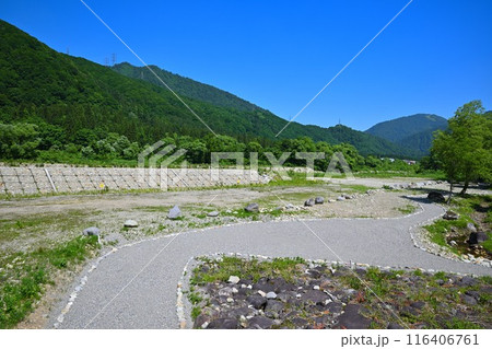 みつまた親水公園　バイカモ群生地　清津川　河原の風景　 116406761