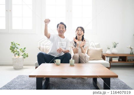 スポーツや楽しいテレビを見ながらガッツポーズをする夫婦 116407019