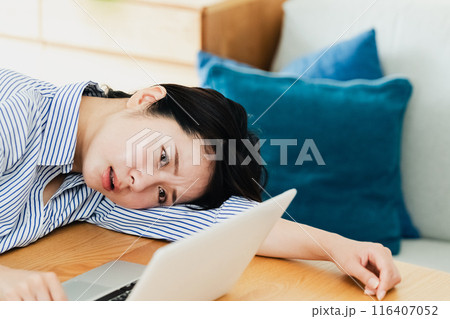 リビングでパソコンを使う若い女性 リビングでパソコンを使う若い女性 116407052