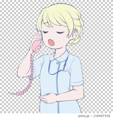Blonde female nurse talking on the phone, astonished Blonde female nurse talking on the phone, astonished 116407358