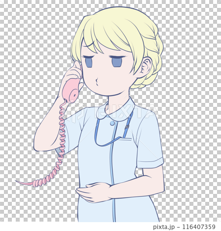 A blonde female nurse talking on the phone, pouting A blonde female nurse talking on the phone, pouting 116407359