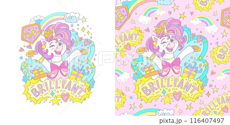 Birthday unicorn illustration and seamless pattern vector Birthday unicorn illustration and seamless pattern vector 116407497