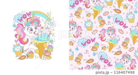 Unicorn with an ice cream illustration and seamless pattern vector set Unicorn with an ice cream illustration and seamless pattern vector set 116407498