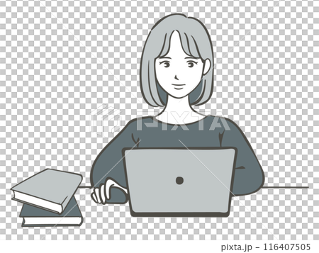 ノートパソコンで仕事をする女性の手書きイラスト素材 116407505