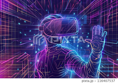 A character in VR glasses in neon space in the style of halftone pattern. Generative AI A character in VR glasses in neon space in the style of halftone pattern. Generative AI 116407537