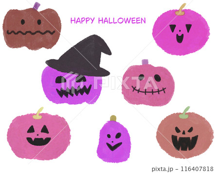 ハロウィンモチーフのかわいいかぼちゃセット 紫のイラスト素材