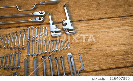 The garage tool on wood table for workshop or fix content 3d rendering. 116407890