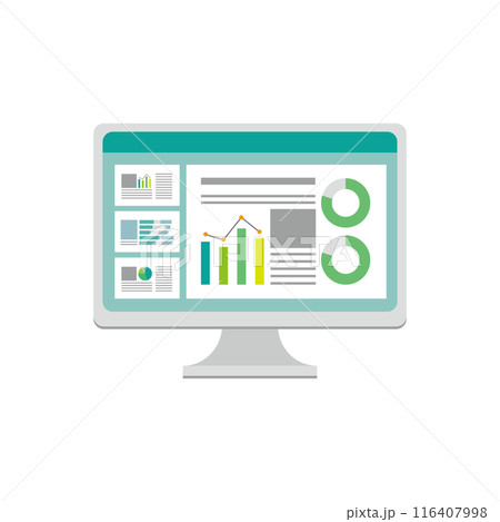 グラフ資料が表示されたパソコンモニターのイラスト 116407998