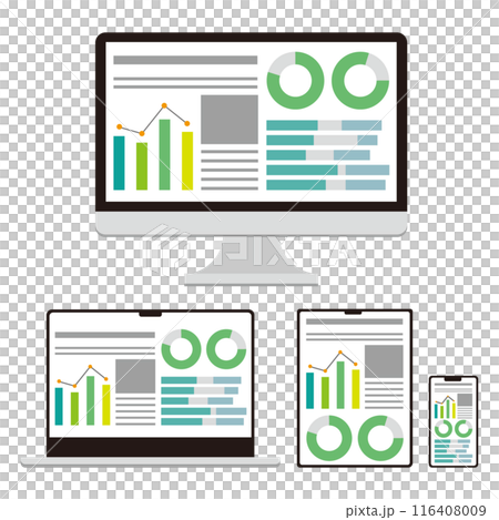 顯示圖形材料的電腦顯示器和數位設備的插圖集 116408009