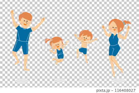 Illustration of a two-generation family jumping in swimsuits 116408027
