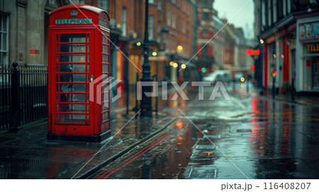 The red phone booth in the sidewalk of urban street. Generative AI 116408207