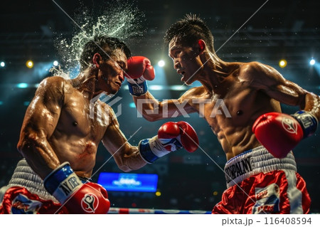 Two man boxers fighting in a boxing ring. Generative AI 116408594