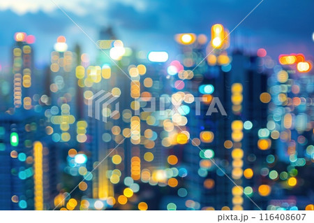 Blurred modern buildings cityscape at night, bokeh background. Generative AI 116408607