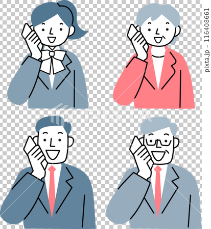 穿著西裝微笑的男人和女人在智慧型手機上交談 穿著西裝微笑的男人和女人在智慧型手機上交談 116408661