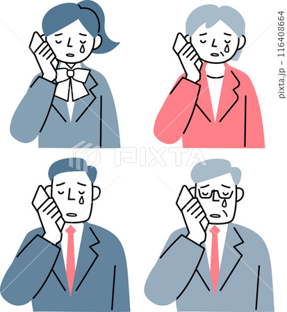スマホで話しながら泣いているスーツ姿の男女 116408664