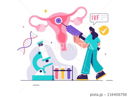 IVF or In Vitro Fertilization Vector Illustration for Artificial Insemination, Focusing on Pregnancy and Doctors' Research of Fertilized Eggs IVF or In Vitro Fertilization Vector Illustration for Artificial Insemination, Focusing on Pregnancy and Doctors' Research of Fertilized Eggs 116408798