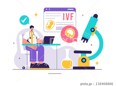 IVF or In Vitro Fertilization Vector Illustration for Artificial Insemination, Focusing on Pregnancy and Doctors' Research of Fertilized Eggs 116408800