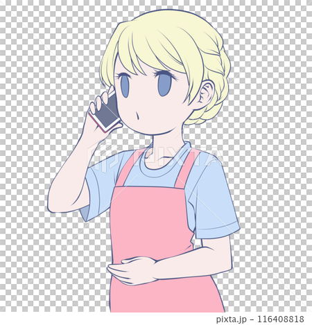 スマホで電話をかけるエプロン姿の金髪女性・呼び出し中 116408818