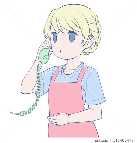 受話器を持って話すエプロン姿の金髪女性・呼び出し中 116409475