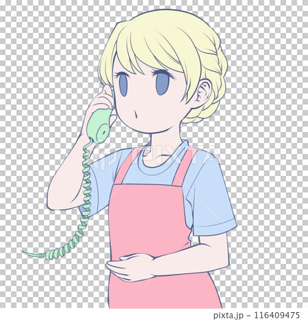 受話器を持って話すエプロン姿の金髪女性・呼び出し中 116409475