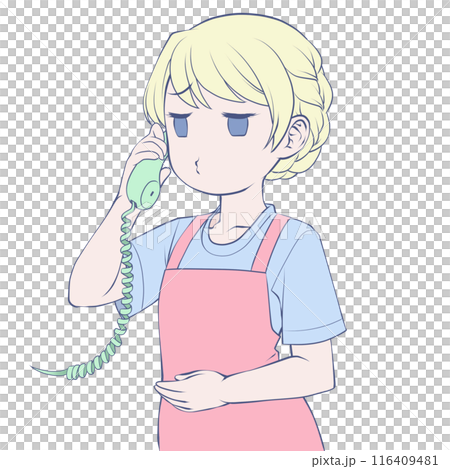 A blonde woman in an apron talking on a phone, pouting A blonde woman in an apron talking on a phone, pouting 116409481