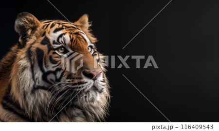サイベリアンタイガーの顔をクローズアップした黒背景のポートレート風リアルイラスト サイベリアンタイガーの顔をクローズアップした黒背景のポートレート風リアルイラスト 116409543