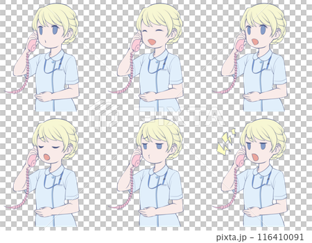 金髮女護士拿著電話說話，一組 6 種不同的面部表情 116410091