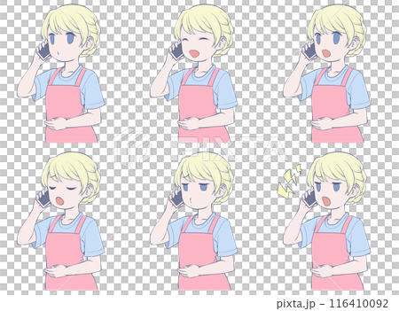 A blonde woman in an apron making a phone call on her smartphone, set of 6 different facial expressions 116410092