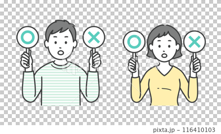 Upper body illustration of a young man and woman raising a circle and a cross 116410103