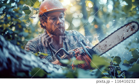 チェーンソーで伐採作業する男性 AI画像 チェーンソーで伐採作業する男性 AI画像 116410232