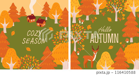 かわいい家と森の動物、秋の背景セット かわいい家と森の動物、秋の背景セット 116410588