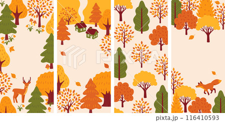 かわいい家と森の動物、秋の背景セット かわいい家と森の動物、秋の背景セット 116410593