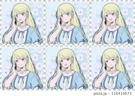 A young woman who talks on a smartphone, makes a phone call, and makes a phone call-Set of 6 facial expressions during a call (smile, surprise, self-mocking) A young woman who talks on a smartphone, makes a phone call, and makes a phone call-Set of 6 facial expressions during a call (smile, surprise, self-mocking) 116410673