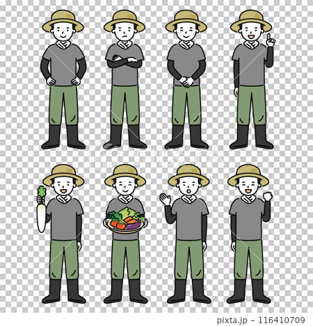 具有各種姿勢和表情的農民男性插圖集 116410709