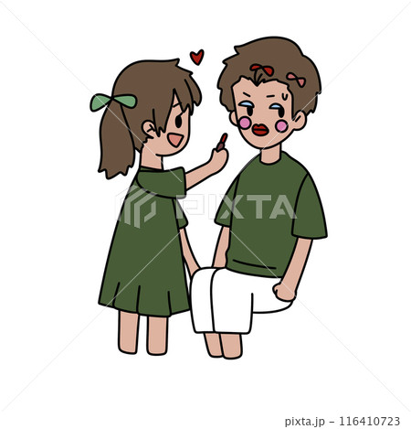A cartoon of a boy and girl with a green shirt and a green dress 116410723