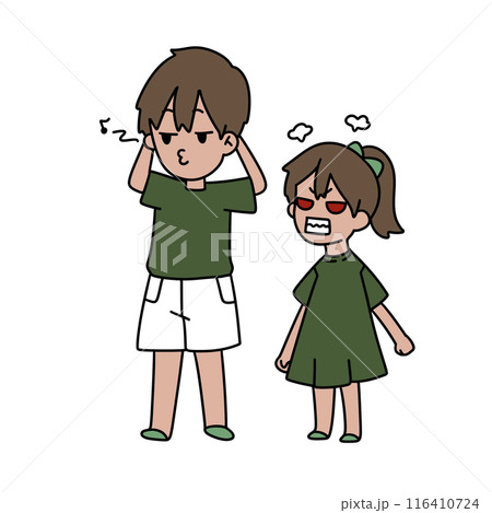 Two children are standing next to each other, one of them is angry Two children are standing next to each other, one of them is angry 116410724