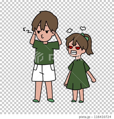 Two children are standing next to each other, one of them is angry Two children are standing next to each other, one of them is angry 116410724