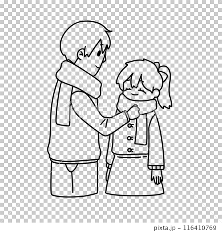 A man is helping a girl put on a scarf A man is helping a girl put on a scarf 116410769