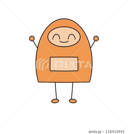A cartoon character with an orange outfit is smiling and holding its arms up A cartoon character with an orange outfit is smiling and holding its arms up 116410841
