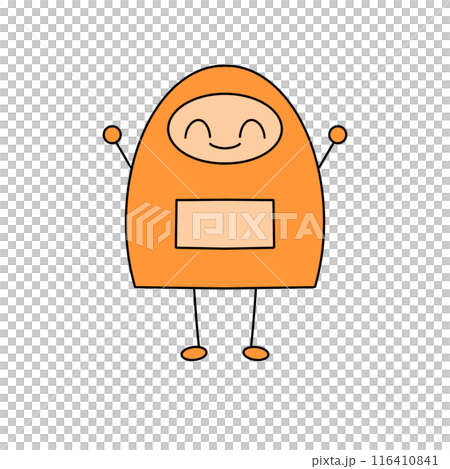 A cartoon character with an orange outfit is smiling and holding its arms up A cartoon character with an orange outfit is smiling and holding its arms up 116410841