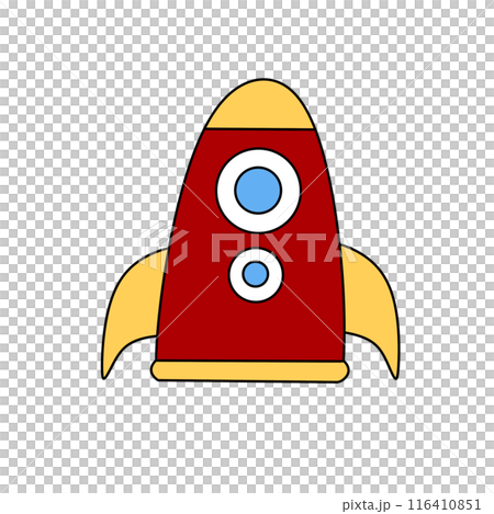 A red and yellow rocket with blue eyes and a yellow nose 116410851