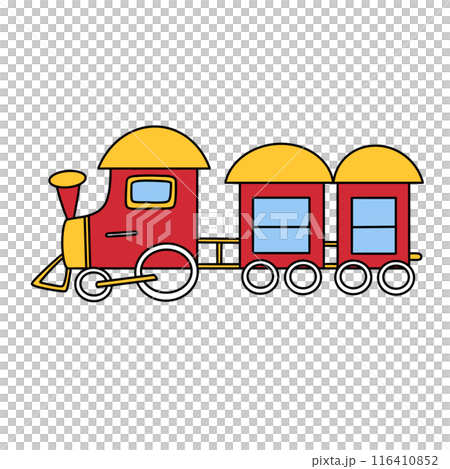A red and yellow train with a yellow caboose 116410852