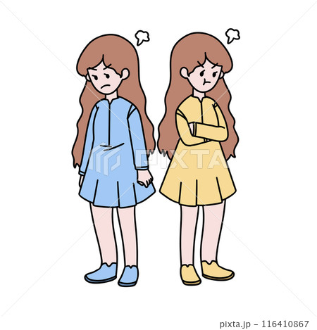Two girls are standing next to each other, one is wearing a blue dress Two girls are standing next to each other, one is wearing a blue dress 116410867