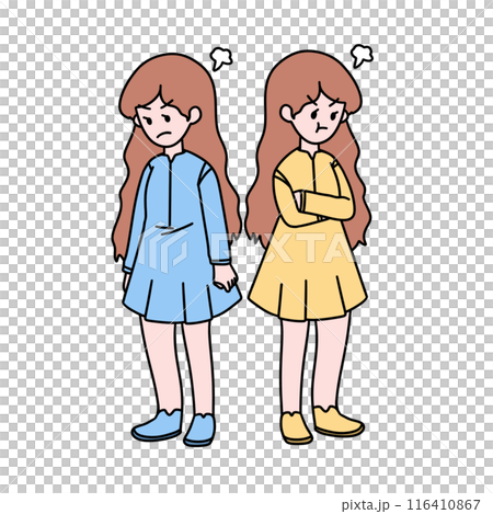 Two girls are standing next to each other, one is wearing a blue dress Two girls are standing next to each other, one is wearing a blue dress 116410867