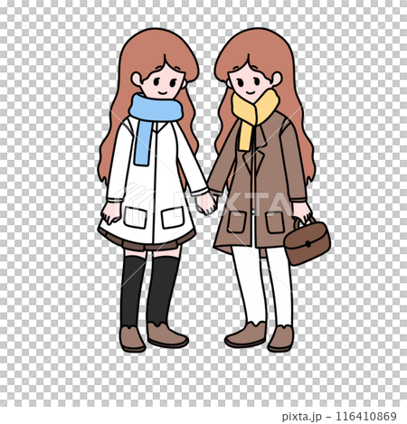 Two girls are holding hands and wearing winter clothes 116410869