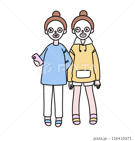 Two girls are standing next to each other, one of them holding a cell phone 116410871