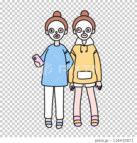 Two girls are standing next to each other, one of them holding a cell phone 116410871