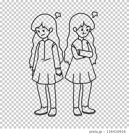 Two girls are standing next to each other, one of them is angry Two girls are standing next to each other, one of them is angry 116410916
